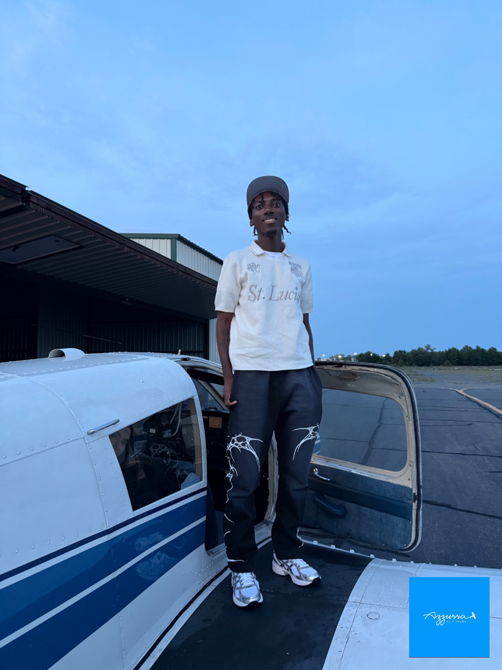A Piper Cherokee on the ramp at Linden Airport at dusk before Joshua J.'s night tour departure
